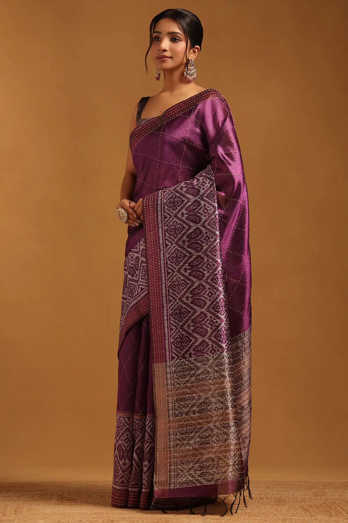 Magenta Tussar Geometric Saree With Kantha Embroidery